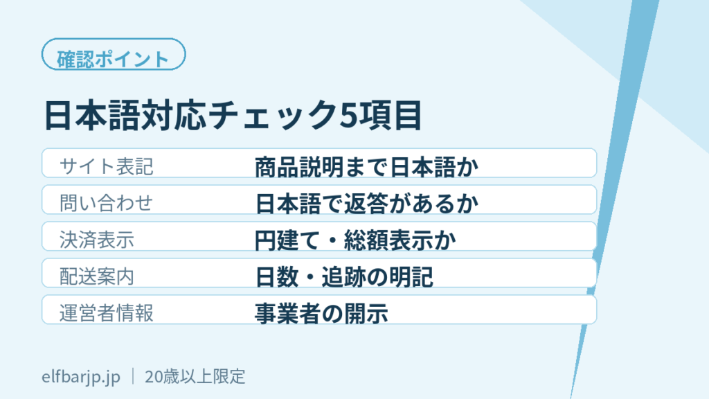 日本語対応を確認する5項目の一覧表